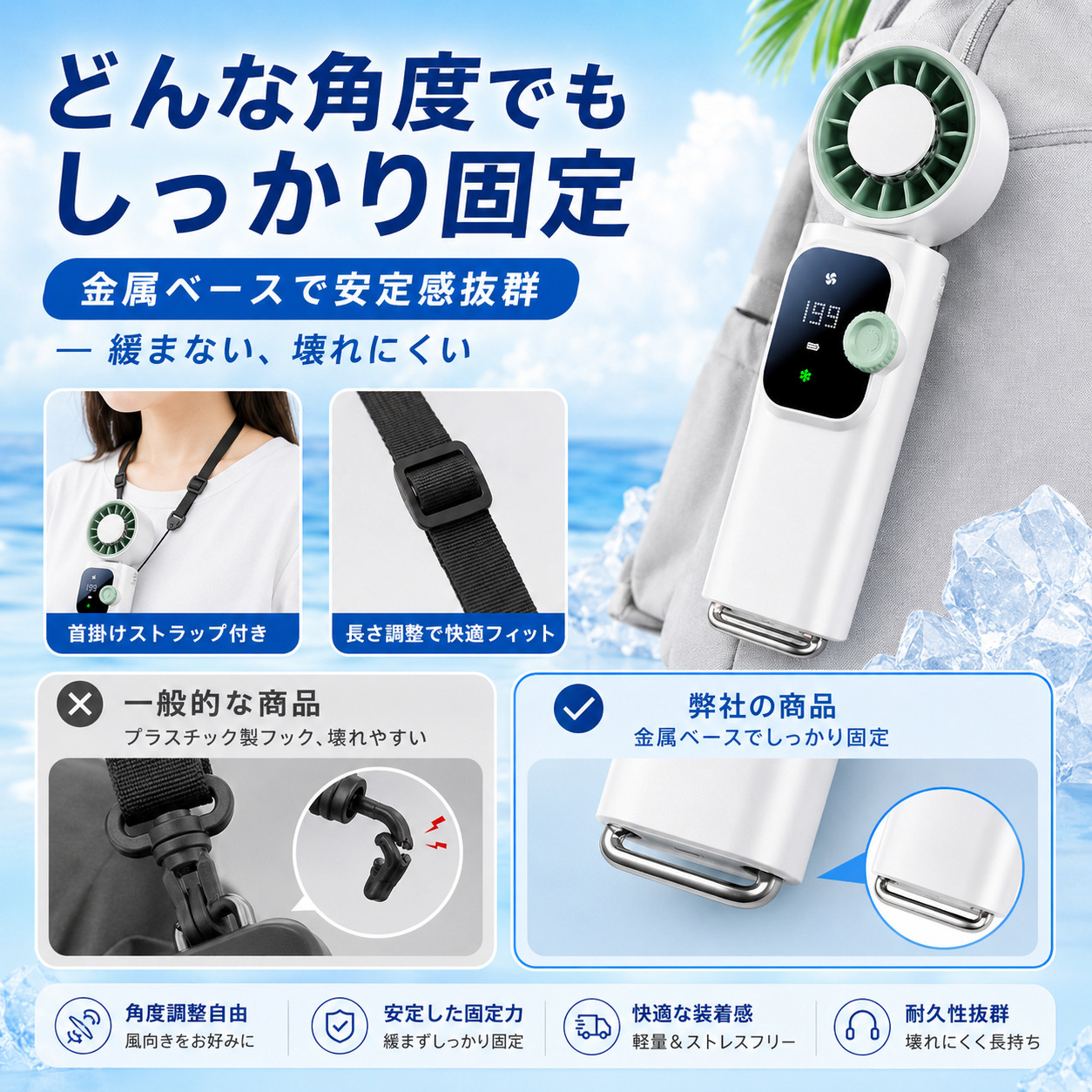 瞬冷 ICE FAN Pro｜冷却プレート搭載 ハンディファン 1〜199段階風量 4000mAh 首掛け・卓上・手持ち3WAY Type-C充電