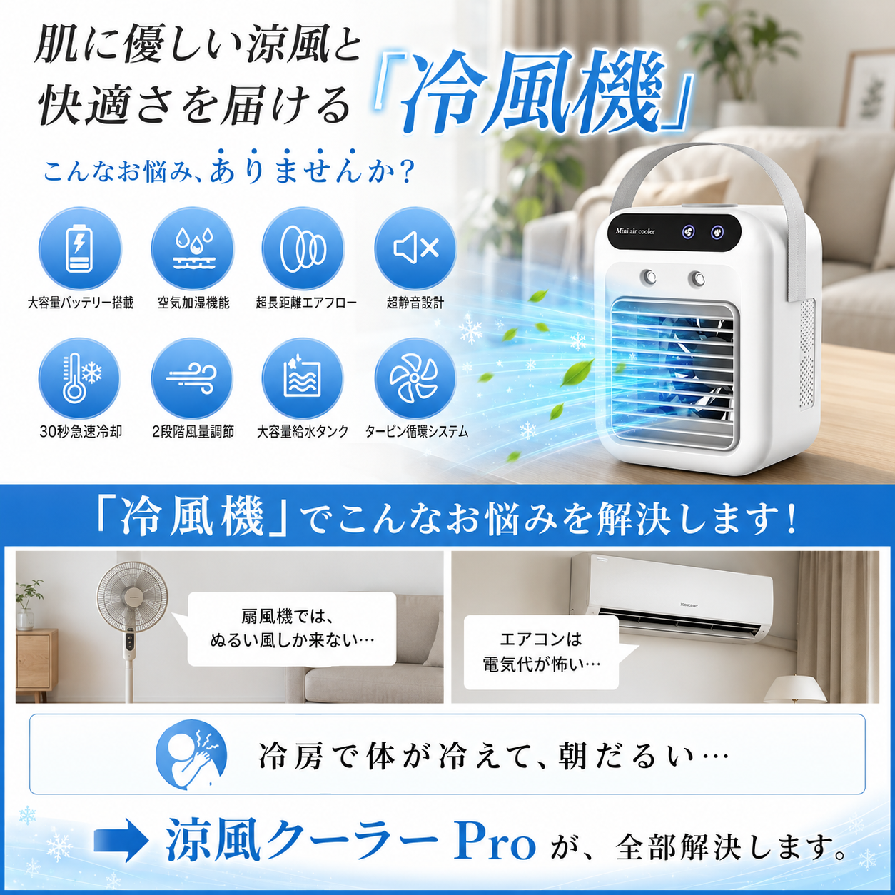 涼風クーラー Pro｜冷風機 卓上ミニエアコン 氷入れOK 静音・加湿・省エネ